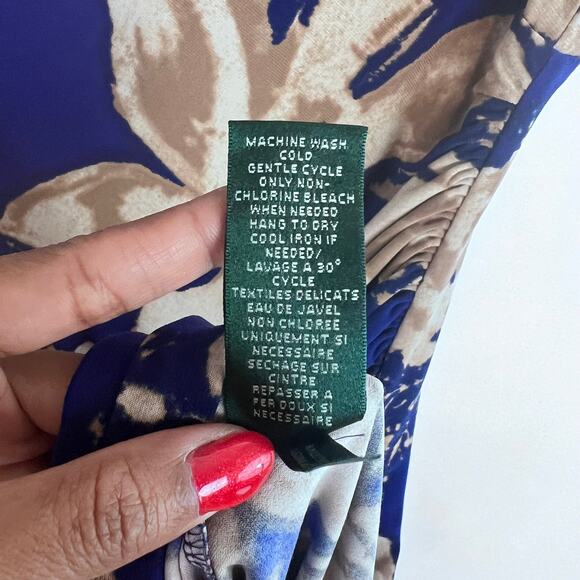 Lauren By Ralph Lauren Floral Print Blue And Tan Color Ruched Side 6 - Picture 9 of 9